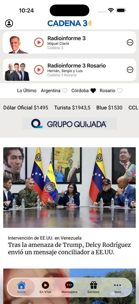 Cadena 3 mobile app home screen showing live radio shows and news headlines