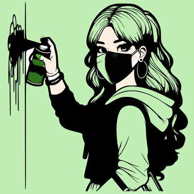 realistic girl with mask spray painting a wall