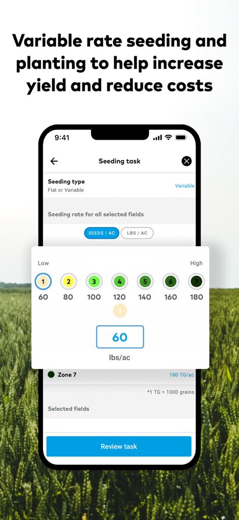 Mobile Oberfläche von xarvio FIELD MANAGER mit Einstellungen für variable Aussaatraten für Präzisionslandwirtschaft