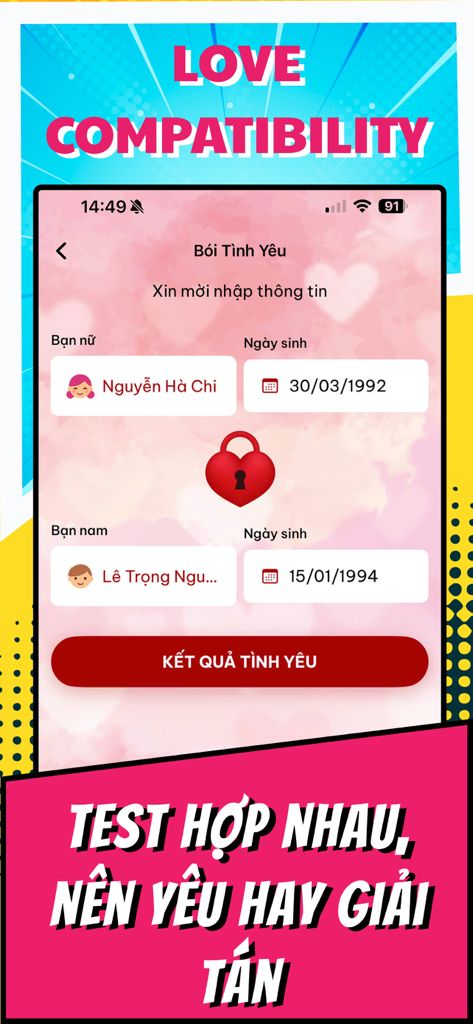 Astrology 365: Palmistry Tarot - Interfaz de la aplicación Astrology 365 para pruebas de compatibilidad amorosa que incluye entradas de nombre y fecha de nacimiento