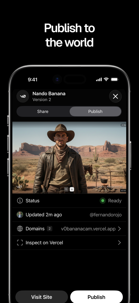 v0 - Ein Smartphone, das die v0-App-Oberfläche zur Veröffentlichung eines Webprojekts mit Optionen zum Teilen, Besuchen der Website und Inspizieren auf Vercel zeigt.