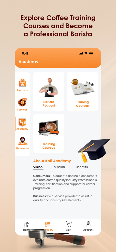 KOFI - Pantalla de la Academia de la aplicación móvil KOFI que presenta cursos de formación profesional para baristas.