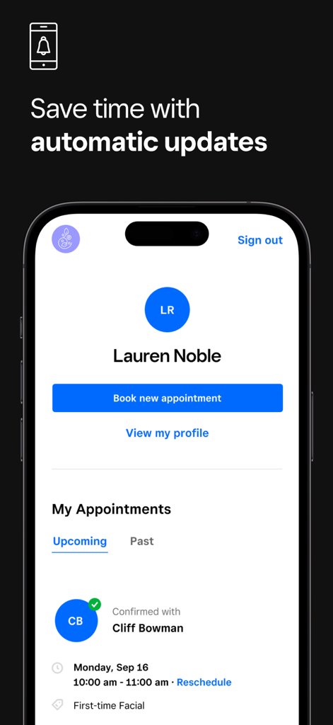 Square Appointments: Scheduler - Square Appointments app interface showing an upcoming facial appointment and a message about saving time with automatic updates.