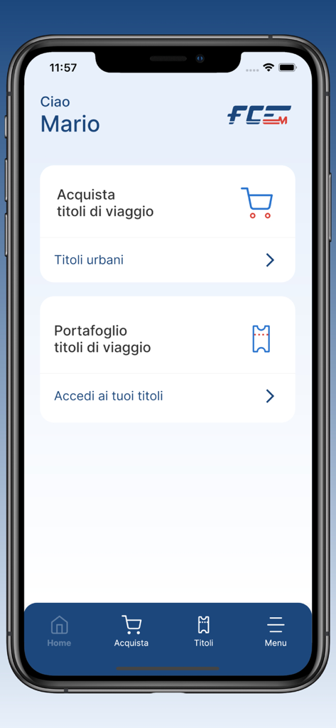 Pantalla de inicio de la aplicación de transporte FCE Catania con opciones de compra de billetes y cartera