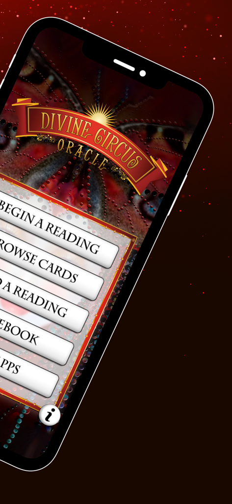 Divine Circus Oracle - Main menu of the Divine Circus Oracle app showing options to begin a reading and browse cards