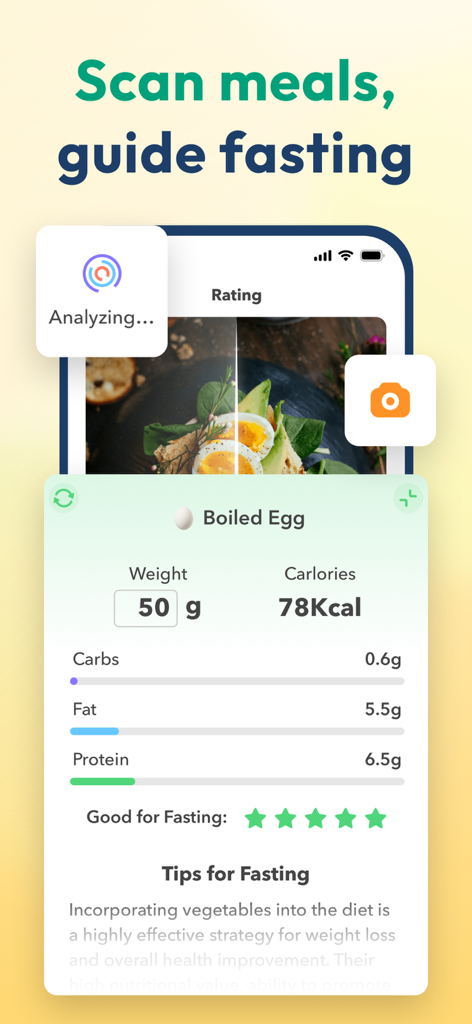 Litely app interface showing an AI meal scan of a boiled egg with nutritional analysis and fasting tips