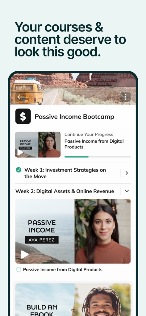 Mighty Networks mobile app showing a professional online course layout with video modules and progress tracking