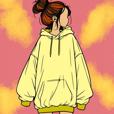 realistic girl with a oversized sweatshirt on and a bun