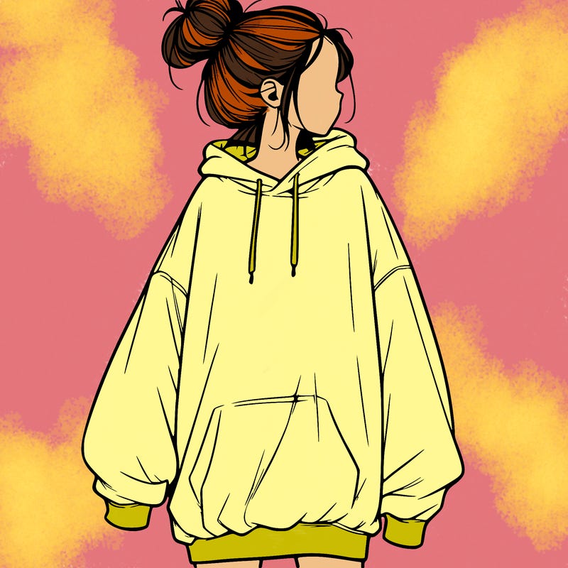 realistic girl with a oversized sweatshirt on and a bun