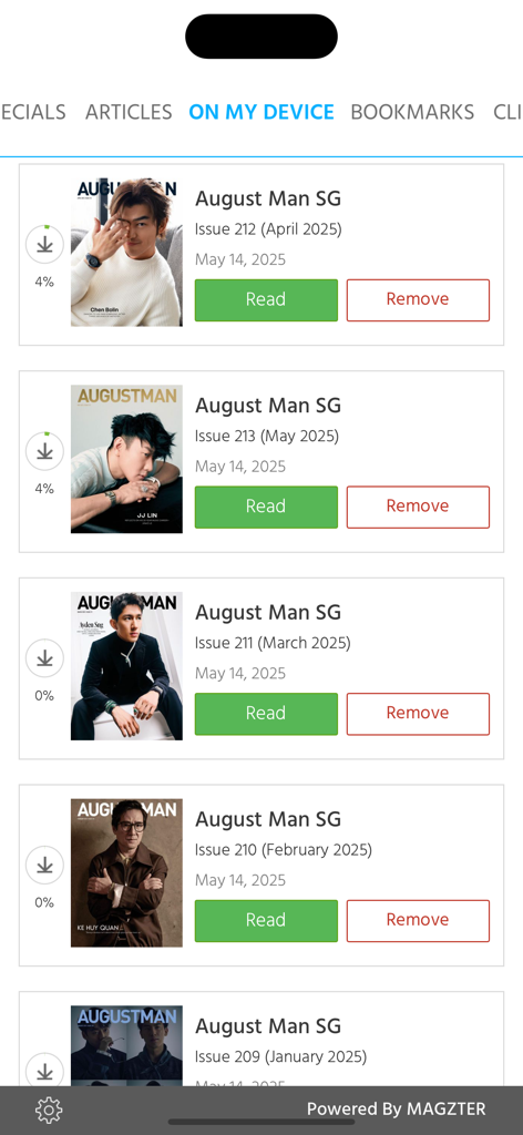 August Man SG - 읽을 준비가 된 다운로드된 잡지 호 라이브러리를 보여주는 August Man SG 앱 인터페이스