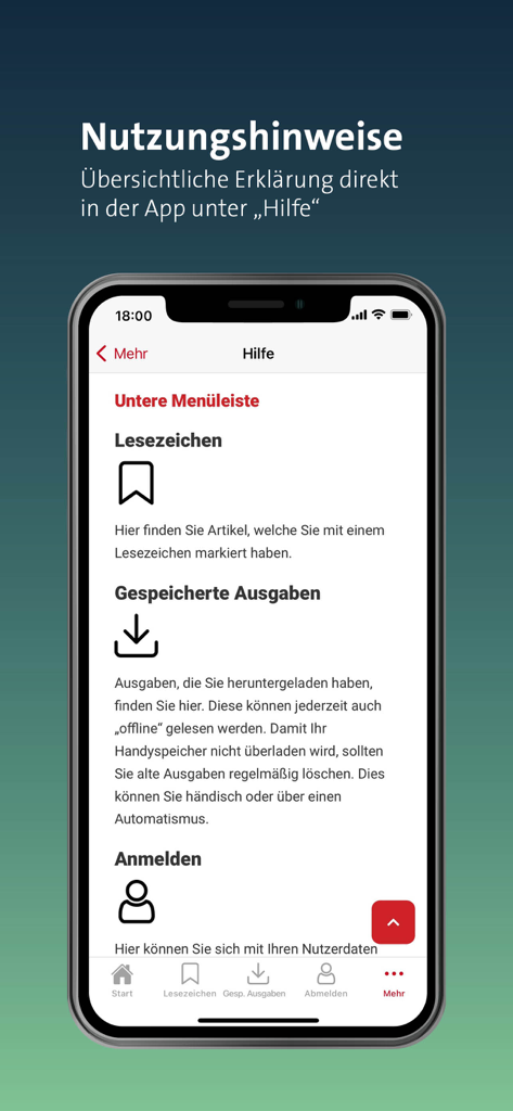 Hilfebereich der LKZ e-paper App, der Lesezeichen und offline gespeicherte Ausgaben erklärt.
