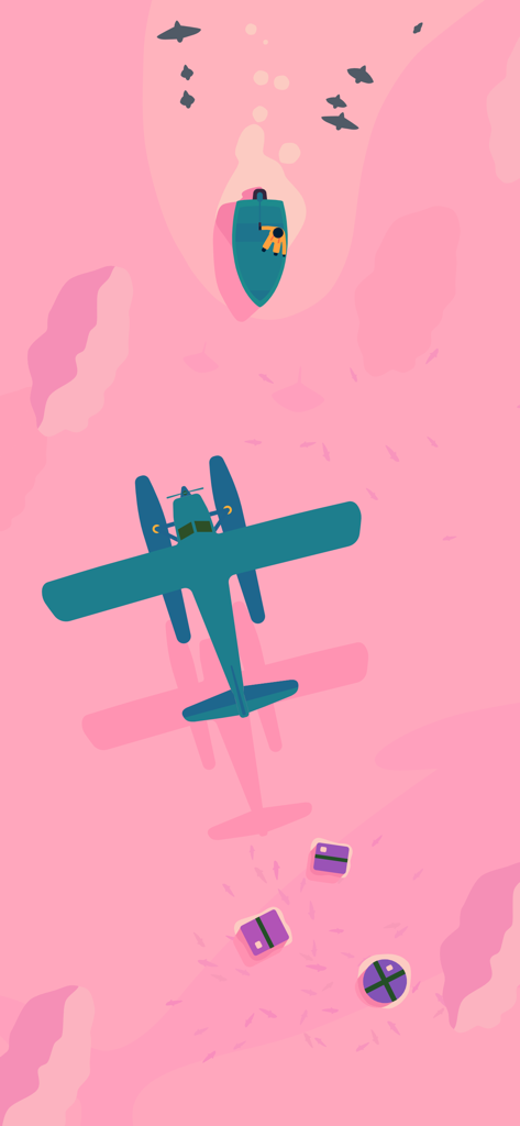 1sland - Teal seaplane flying over a minimalist pink ocean with a small boat and floating crates