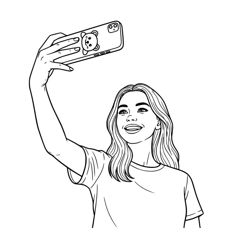 teenage woman taking selfie with phone that has a case with a kawaii bear on it