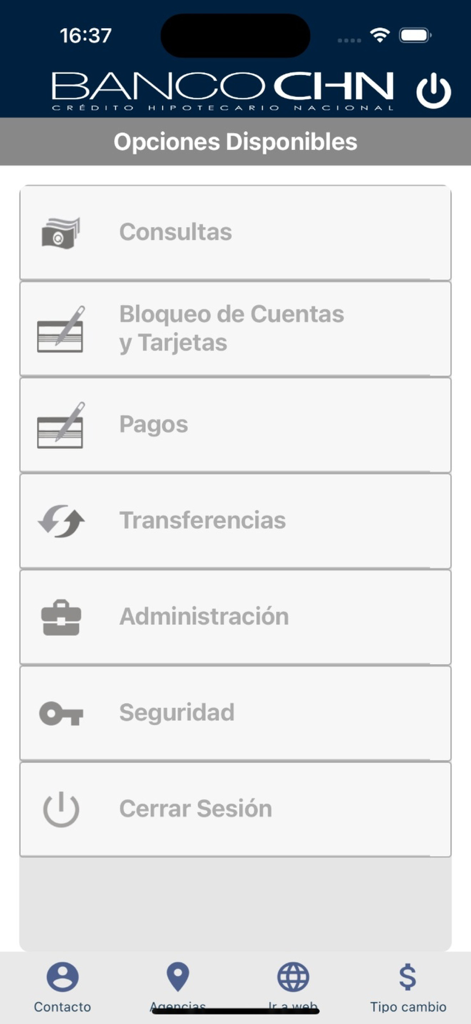Menú principal de la app móvil de Banco CHN mostrando opciones bancarias como consultas, pagos y transferencias