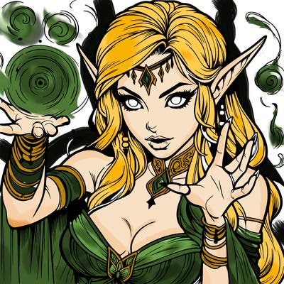realistic scary beautiful elf sorceress casting spell