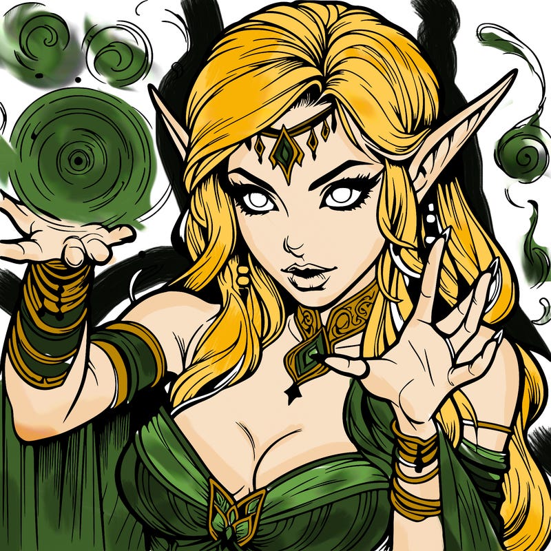 realistic scary beautiful elf sorceress casting spell