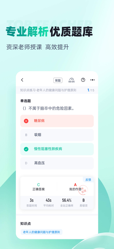 养老护理员考试聚题库-考试宝典 - A mobile app screen in Chinese for elderly caregiver exams showing a multiple-choice question on stroke risk factors with detailed answer feedback and user performance stats.