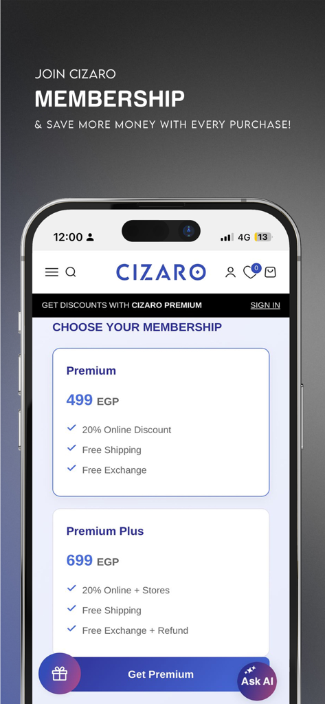 Cizaro Ägypten mobile App-Mitgliedschaftsbildschirm mit Premium-Abonnementstufen und Vorteilen wie Rabatten und kostenlosem Versand