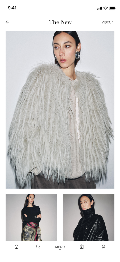 Interfaz editorial de la app Zara mostrando las nuevas llegadas de moda con fotografía de campaña de alta calidad.