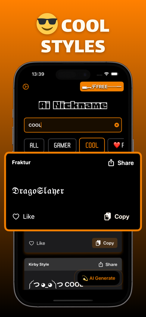 Interface of a nickname generator app showing various cool font styles for gaming usernames