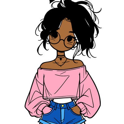 girl with a messy ponytail glasses a baggy crop top and jean shorts