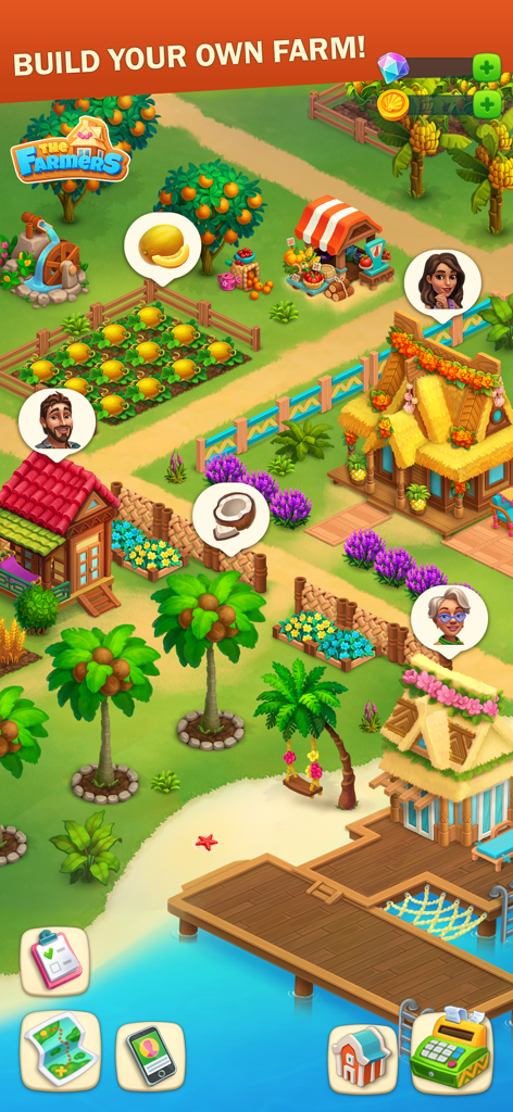 The Farmers: Island Adventure - A colorful overhead view of a tropical farm with crops houses and palm trees in the mobile game The Farmers Island Adventure