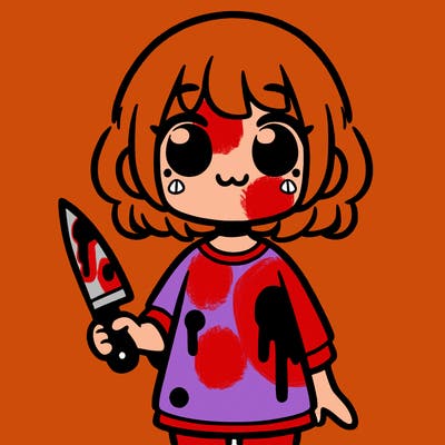 cute girl holding a knife and and blood on her