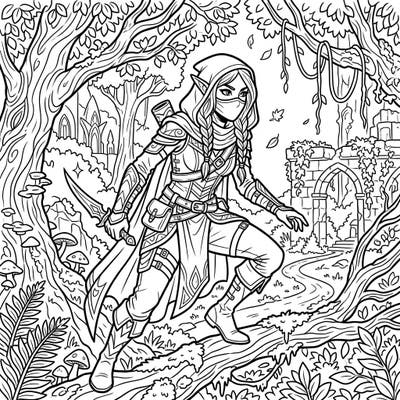 Unleash your creativity with this captivating Elven Rogue coloring page, designed for seniors. Enjoy clear outlines and an engaging fantasy scene that promises hours of relaxing artistic fun.