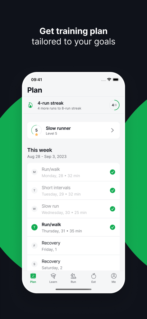 Joggo - Run Tracker & Coach - A smartphone displaying a personalized weekly running and recovery schedule in the Joggo app