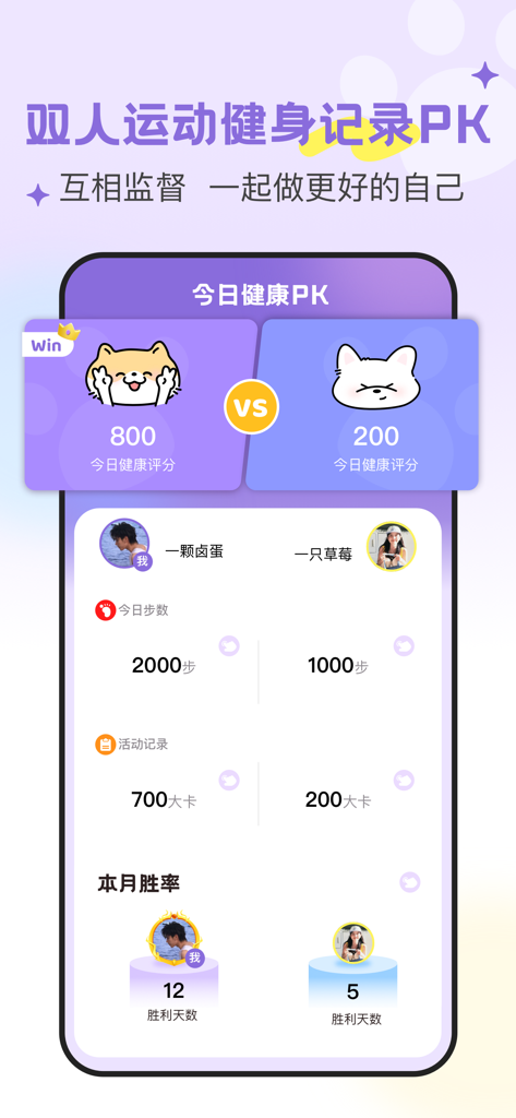 DoubleFeel app social competition screen comparing health data like steps and activity between two users