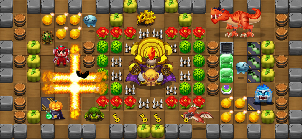 Bomber Classic- Bomberman - Action-packed gameplay screenshot of Bomber Classic showing the hero, a giant golden boss, and a T-Rex on a grid-based map with bomb explosions.