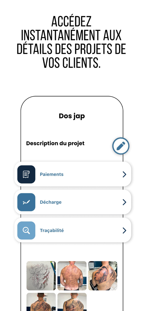 Tattoomorrow - Interface of the Tattoomorrow app showing details of a tattoo project with sections for payments waivers and traceability