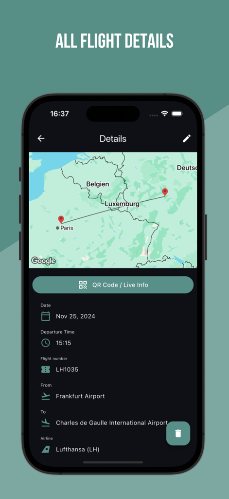 Una pantalla de smartphone que muestra detalles del vuelo con un mapa de ruta de Frankfurt a París e información de salida