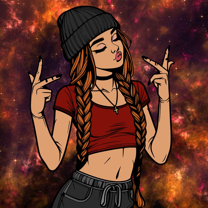 realistic teenage girl with braids and a beanie and crop top doing 🫶🏼