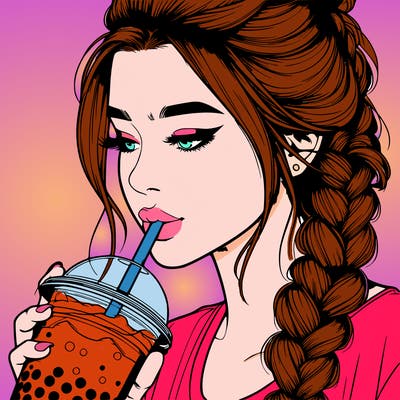 realistic girl drinking boba tea with braided hair