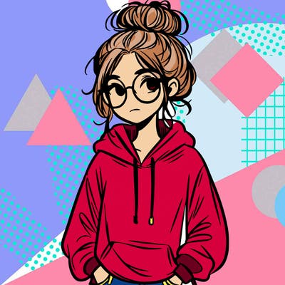 teen girl with a messy bun and glasses wearing a loose hoodie and jeans