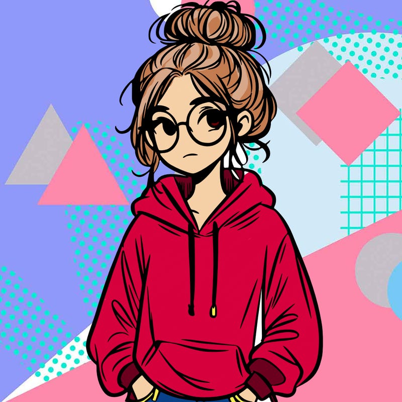 teen girl with a messy bun and glasses wearing a loose hoodie and jeans