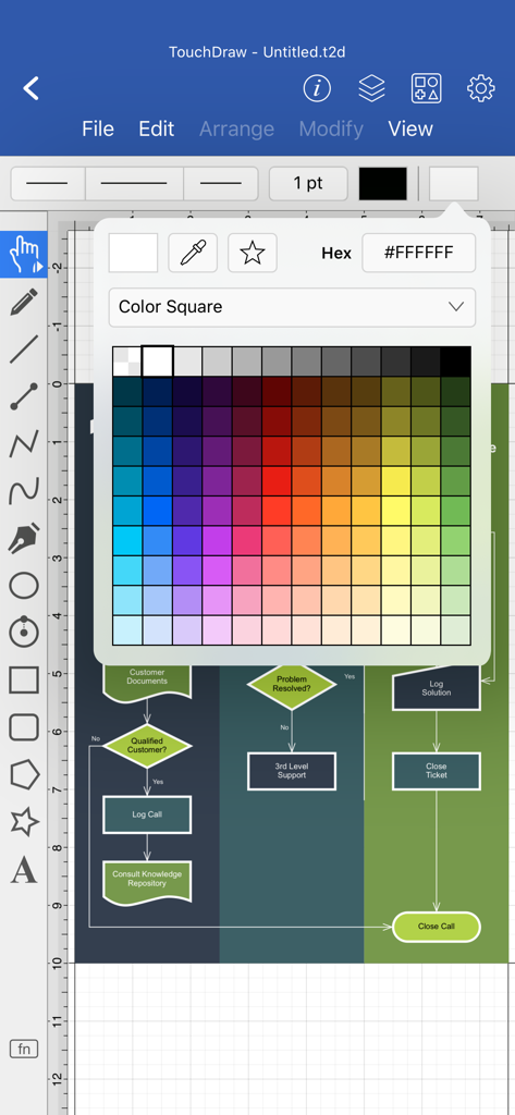 TouchDraw 2 - Interface of TouchDraw 2 showing a technical flowchart being edited with a color palette selector overlay.
