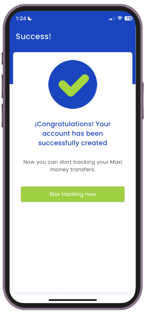 Maxi Money Status app screen confirming successful account creation with a green checkmark icon.