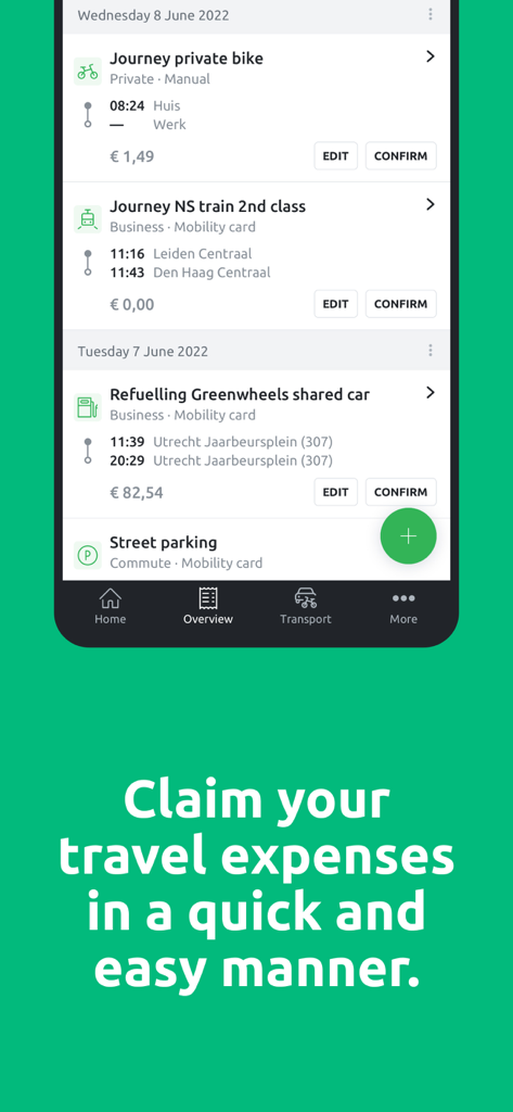 Reisbalans app screen showing travel expense claims for bike train and car sharing journeys
