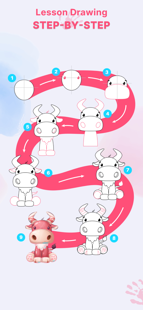 簡単な形から完成した色付きのキャラクターまで、かわいい漫画の牛を描く方法を示す段階的なチュートリアル