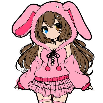 pretty anime girl wearing a fluffy hoodie with bunny ears on the hood and a skirt