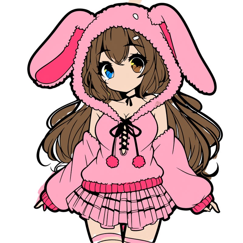 pretty anime girl wearing a fluffy hoodie with bunny ears on the hood and a skirt