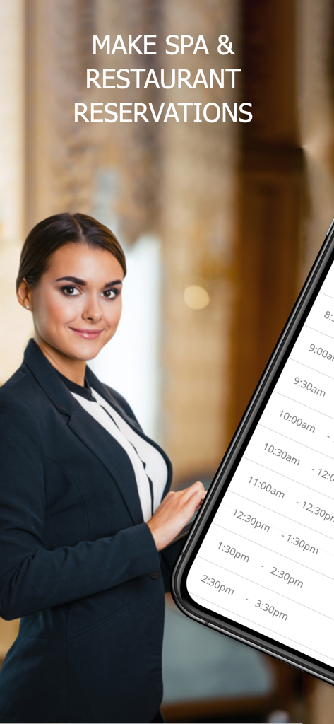 Hotel staff member next to a mobile screen showing available time slots for spa and restaurant reservations