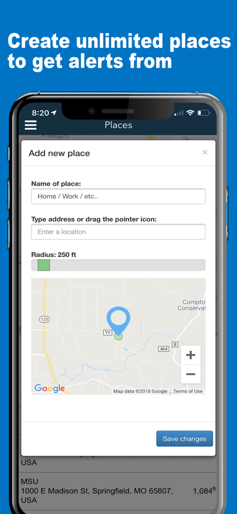 Chirp GPS app interface showing how to create unlimited geofencing alerts for specific locations on a map