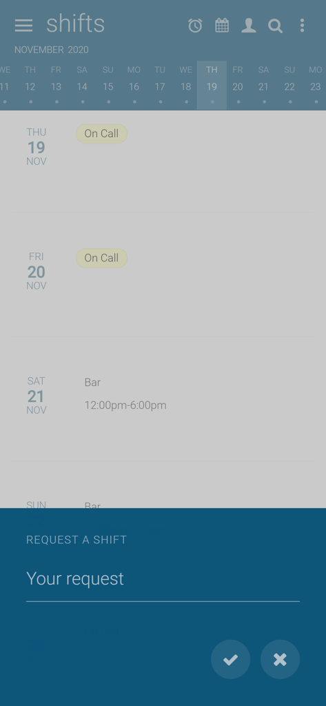 Findmyshift - Findmyshift app interface showing an employee shift request form over a schedule