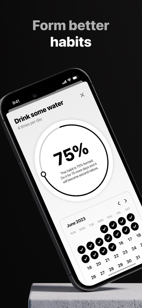 Solid Habits - Pantalla del iPhone que muestra el progreso de un hábito en un 75 por ciento y un calendario mensual en la aplicación Solid Habits