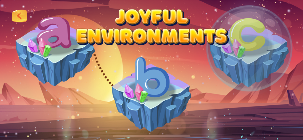 ABC learning games for kids 2+ - Juego de aprendizaje del abecedario para niños con letras en islas flotantes en un entorno con temática espacial