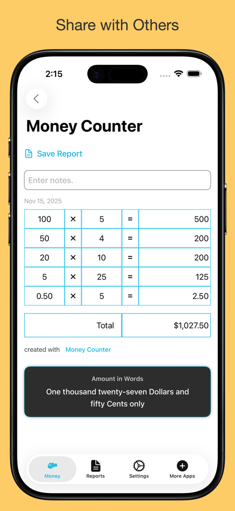 Interface of the Money Counter app showing a calculated cash tally with a total amount and share report feature