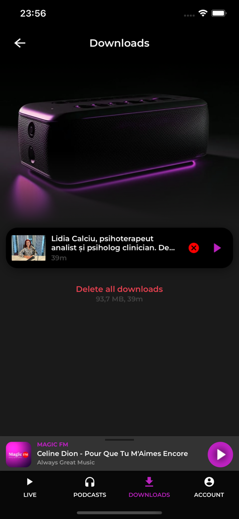 Magic FM Romania - The downloads section of the Magic FM Romania app showing a saved podcast and offline playback options